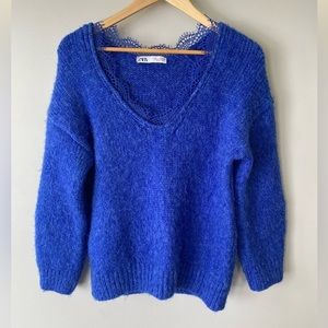 Zara cobalt blue knit sweater with lace neckline detail